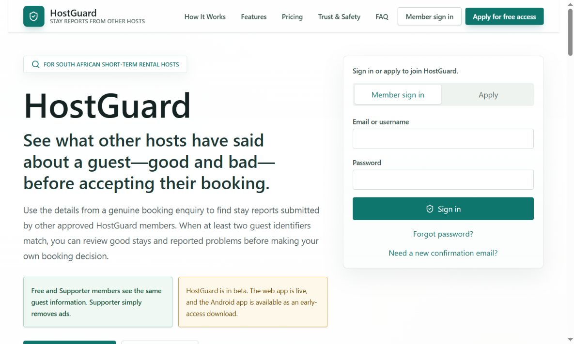 Host Guard stay-report platform homepage
